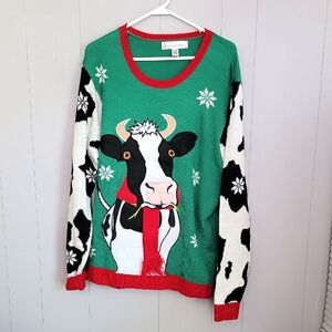 Jolly Sweaters Christmas Cow Sweatshirt XXL 3D Scarf Green Long Sleeve